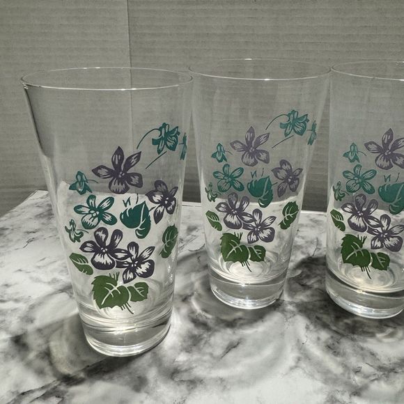Vintage Violet Print 12oz Drinking Glass/Tumbler, Set Of 6, Lavender/Teal/Green - Picture 4 of 5